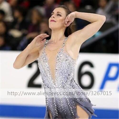2018 Elegant Sleeveless Figure Skating Dress Womens Girls Customized Ice Skating Dress Gymnastics Costume Sleeveless Gray