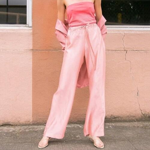 2020 Women Flare Pants Spandex Satin French Style Pink Green Ladies High Waist Trousers France Style Loose Casual Bell-bottomed