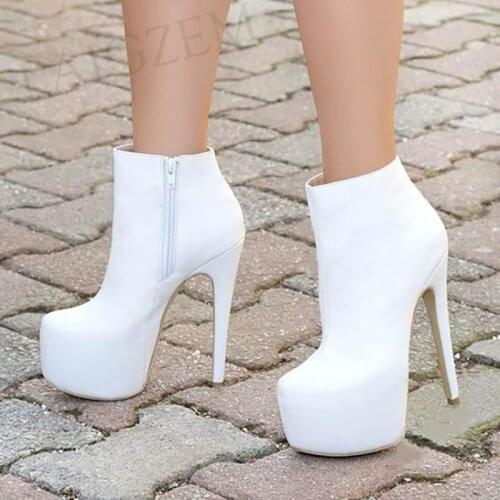 BERZIMER Women Ankle Boots Platform Faux Leather High Heels Booties Side Zip Botas Mujer Shoes Woman Large Size 47 48 49 50 52