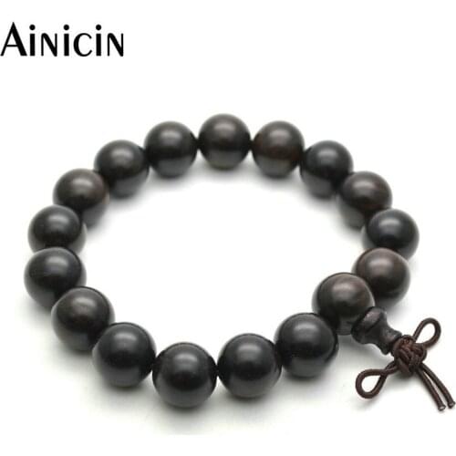 12mm Beads Black Sandalwood 8'' Mala Prayer Strand Wooden Bracelets Fashion Buddhism Jewelry For Men and Women