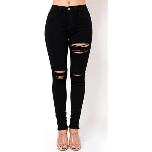 Denim Ripped Jeans for Women 2021 New High Waist Skinny Summer Black Pencil Pants Streetwear Elastic Trousers Clothes Female