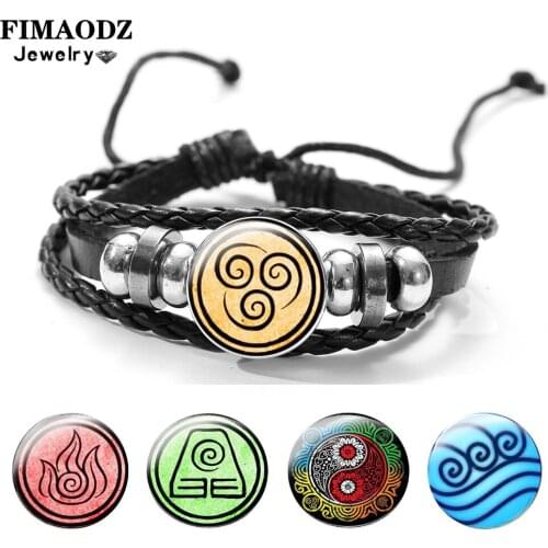 FIMAODZ Avatar The Last Airbender Bracelet Air Nomad Fire And Water Tribe Glass Button Black Leather Bracelets Bangles Gift
