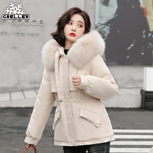 GRELLER 2021 Winter Jacket Women Fur Liner Hooded Short Parkas Warm Slim Winter Coat Women Puffer Jacket Cotton Padded Outwear