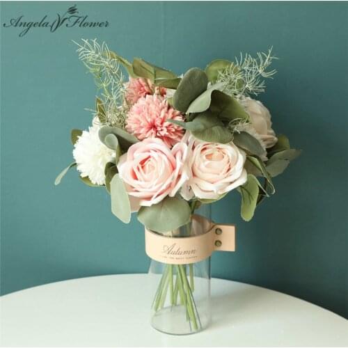 INS 35Cm Silk Rose Bride Bouquet Artificial Flower Decor Home Wedding flower Arrangement Materials Green Plants Pompoms peonies