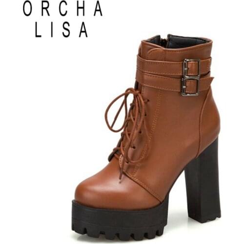 Fashion Platform Ankle Boots Buckle Lace up Thick high heels Booties Brown Black Winter Shoes Big Size 32-43