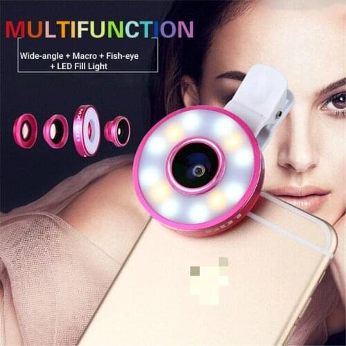 LS Six in One Make-up Mode Lens for Mobile Phones Wide-angle Macro Fisheye Special Effect Lens Third Gear LED Fill Light Cover