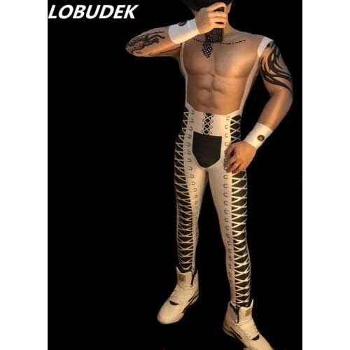 False Muscle Bandage Printed Skinny Jumpsuit Mens Elastic Leotard Nightclub Bar DJ Singer Pole Dancing Stage Wear Dance Costume
