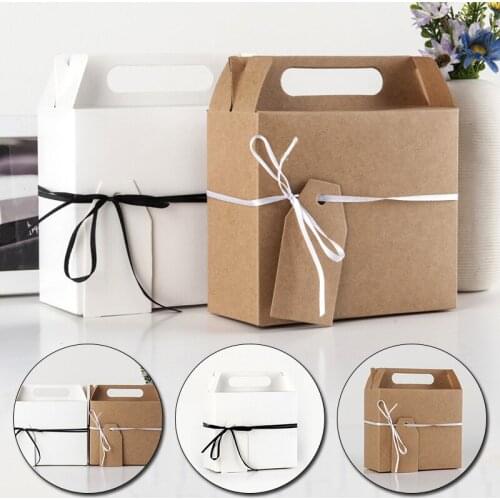 1Pc Kraft Paper Cardboard Gift Boxes With Handle Wedding Cake Candy Package Kraft Home Party Suppiles Box Package