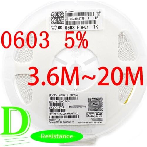 100PCS SMD Resistor 0603 5% RC0603JR-07 Series 3.6M 3.9M 4.3M 4.7M 5.1M 5.6M 6.2M 6.8M 7.5M 8.2M 9.1M 10M 11M 12M 13M 18M 20M