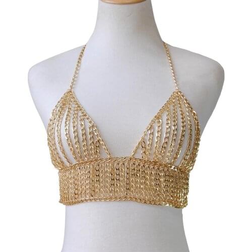 Luxury Women Gold Color Beach Chains Fashion Aluminum Chain Harness Disco Party Necklace Chain Bra Jewelry