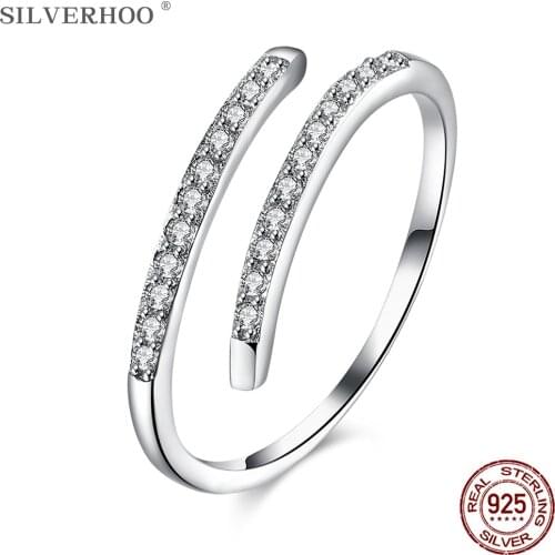 SILVERHOO 925 Sterling Silver Ring For Women Adjustable Simple Zircon Women Rings Female Fine Silver Jewelry Accessoies Gift