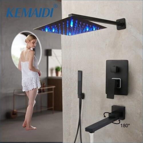 KEMAIDI Matte Black Shower Faucets Set Rain Waterfall Concealed Shower System Wall Mount Bathtub Shower Mixer Shower Combo Set