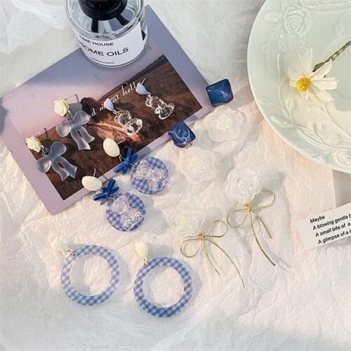 Fresh And Transparent Acrylic Candy Color French Exaggerated Ear Stud Blue Plaid Bear Ins Cold Wind Earrings
