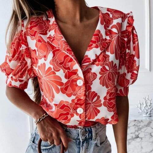 Women Shirt Floral Print Ruffles Single-breasted Short Sleeve Summer Blouse Office Lady Top