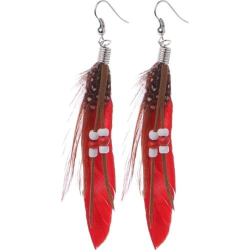 40GB 1 Pair Bohemia Handmade Natural Goose Feather Beads Tassel Dangle Earrings Women