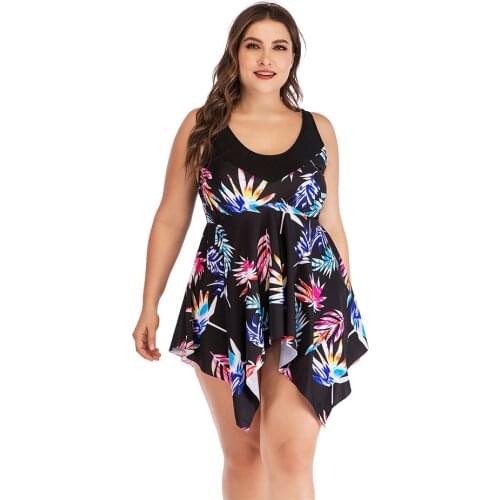 New Plus Size Swimdress Tankini Set Women Irregular Hem Two Piece Print Push Up Bather Beach Bathing Suit Larger Swimwear
