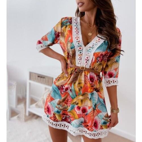 Women Floral Casual Dress Sexy V-neck Half Sleeve Lace Stitching Mini Dresses 2021 New A-line Autumn Lady Party Evening Dresses