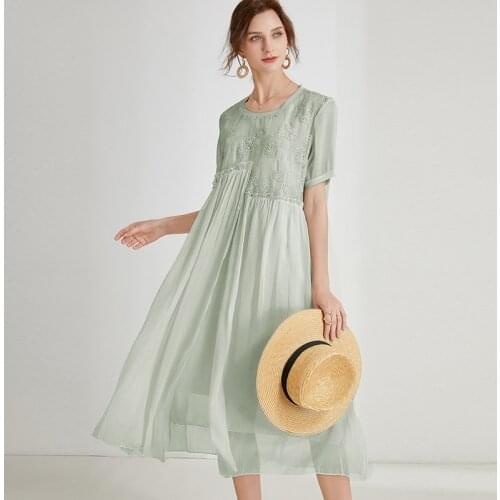 Summer Ladies Plus Size Loose Fit embroidery Dress Elegant Faux Silk loose party Dress chiffon long dress vestidos RobesXXXXL4XL