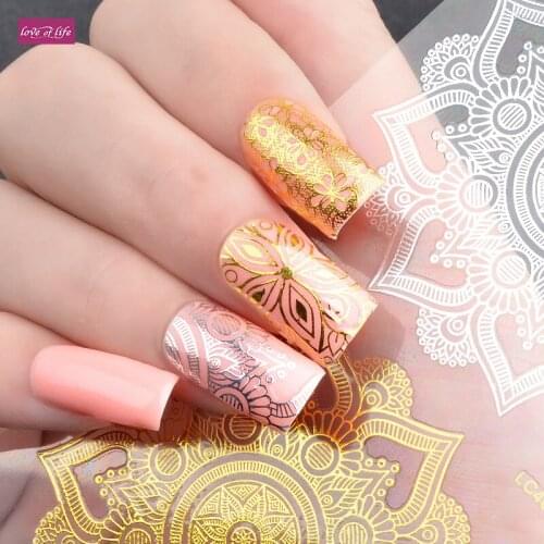 1 pcs Gold Silver Metal 3D Nail Sticker Top Quality Lace Heart Triangle Embossed Adhesive Nail Art Decal Decorations