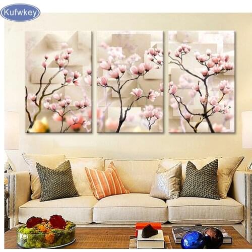 3d DIY Diamond Painting Cross Stitch Kits Full Diamond Embroidery 5D Diamond Mosaic Home Decor triptych Magnolia flower 3 pcs