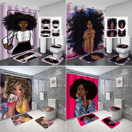 African American Women Fabric Shower Curtain Cartoon Black Girl Painting Anti-slip Rug Carpet Toilet Seat Cover Bathroom Set