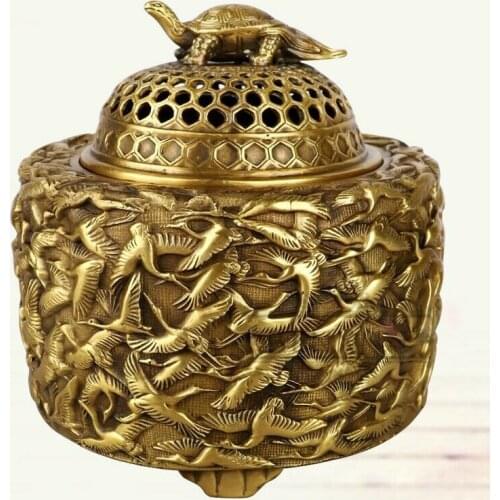 Antique Fengshui Bronze Censer Hand Brass Crane Tortoise Marked Incense Burner