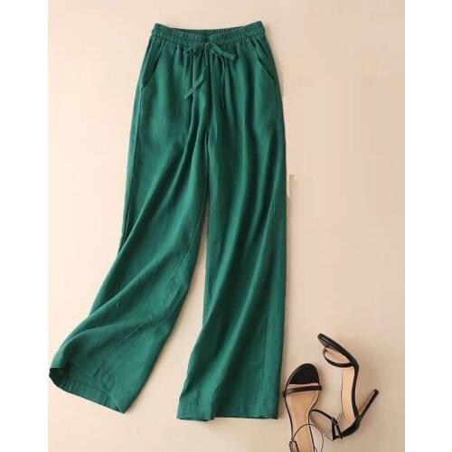 2020 New Korean Woman Female Elastic High Waist Wide Elg Green Black Beige Linen Trousers , Casual 3xl Pants for Women
