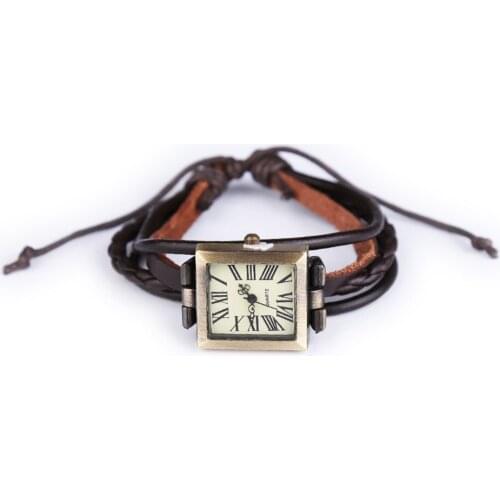 Fashion Casual Women Wristwatch Quartz Watch Hand Strap Cow Long Leather Vintage Female Roma Women Dress Watch Square Brown