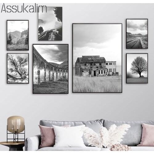 Black And White Wall Art Print Landscape Poster Highway Mountain Canvas Painting Nordic Wall Pictures For Living Room Decor