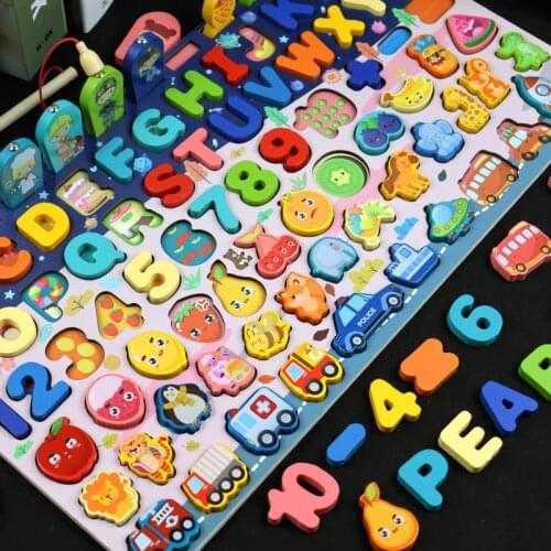 Baby Montessori Toys Fruit Digital Alphabet Animal Traffic Figure Matching Puzzle Preschool Wooden Busy Board Kids Fishing Gift