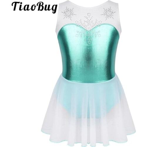 TiaoBug Kids Girls Sleeveless Shiny Rhinestone Snowflake Metallic Ballet Dance Costume Gymnastics Leotard Figure Skating Dress