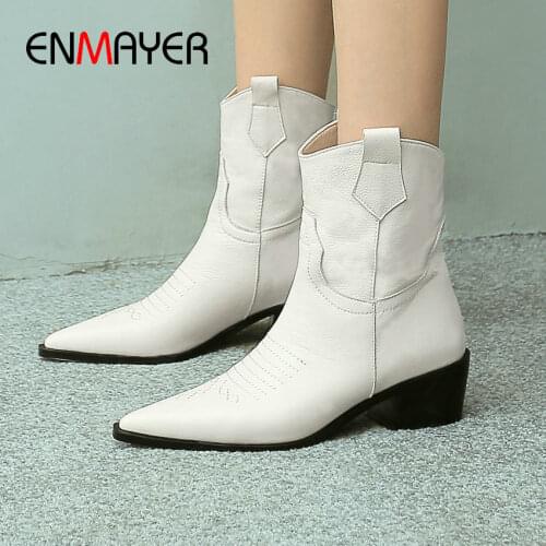 ENMAYER 2020 Fashion Winter Boots Basic Genuine Leather Pointed Toe Leather Boots Women Spike Heels Ankle Boots for Women Zip