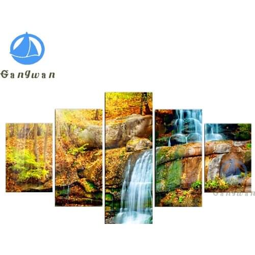 Fall Fallen leaves view Diamond Painting Waterfall Full Square 5D DIY Diamond Embroidery Beadwork Diamond Mosaic 5 pcs Scenery