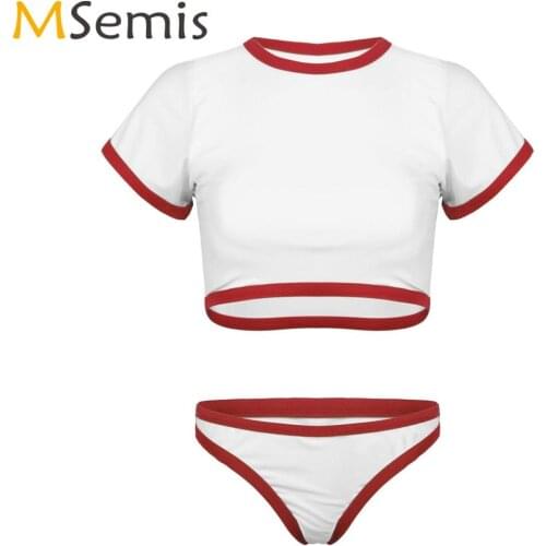 Womens Swimsuits Round Neck Short Sleeves Swimwear Padded Push Up Crop Top with High Waist Thong Bikini Bottoms Bathing Suit Set