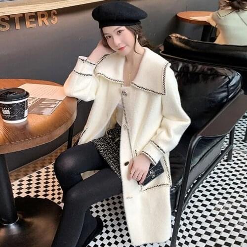 Faux Mink Cashmere Mid-Length Jacket Women Korean Turndown Single Breasted Knit Overcoat Fall Chic Loose Fleece Sweater Outwear