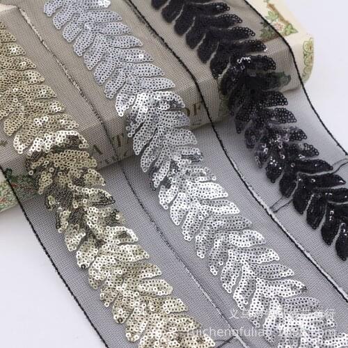 16Yards Gold Silver Leaf Sequin Ribbon Trim Webbing Costume Decoration Sewing Paillette Black Mesh Lace DIY Hair Accessories