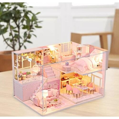 DIY Miniature Dollhouse with Furniture Plus LED Light Wood Cottage Creative Room Self Assembly Doll House Model