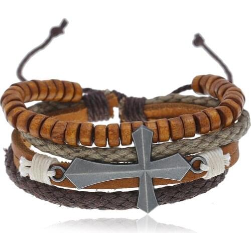 Cross Brown Wood Beads Multilayer Vintage Punk Handmade Weave Women Leather Men Bracelets Female Male Jewelry Wholesale