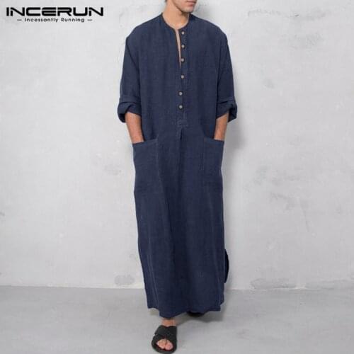 Men Muslim Jubba Thobe Vintage Long Sleeve Thin Denim Button Robes Abaya Islamic Arabic Kaftan Pockets Loose Men Clothes INCERUN