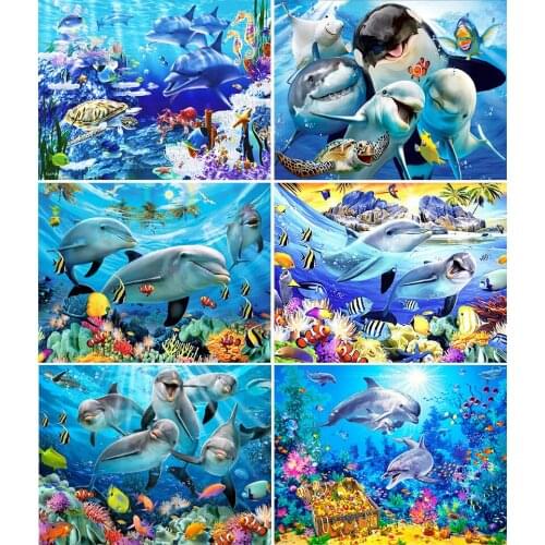 5D DIY Diamond Painting Animal Dolphins Cross Stitch Kit Full Drill Square Embroidery Mosaic Picture of Rhinestones New Arrival