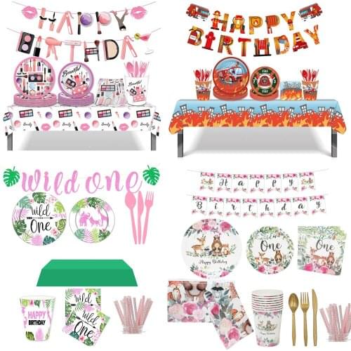 Birthday Decorations Disposable Tableware Set Paper Straws Cups Plates Banner Napkins Boy Girl Kids Adult Birthday Party Decor