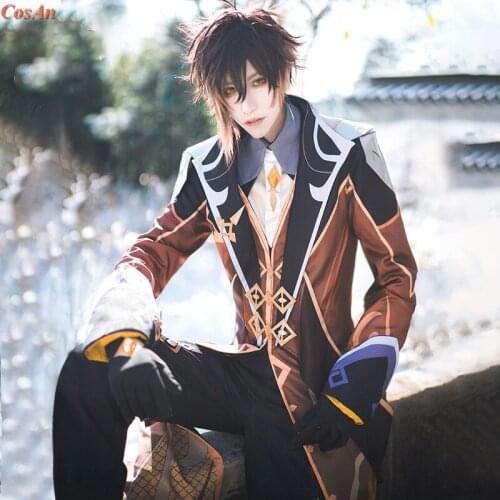 New Game Genshin Impact Zhongli Cosplay Costumes Males Brown Uniform Suits Halloween Party Role Play Clothing XS-XL