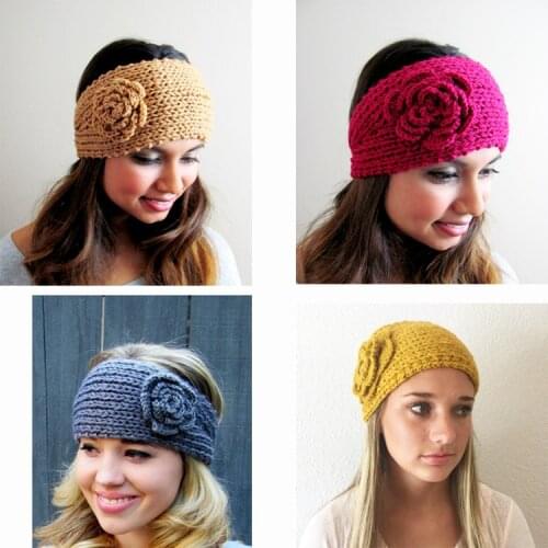 Whosale Winter flower warm Camellia Headband Button one-piece Knitted Wool Headgear Hair Accessories Hairband for Women