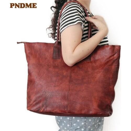 PNDME handmade vintage genuine leather women tote shoulder bag soft cowhide leather handbag ladies large capacity shopping bag