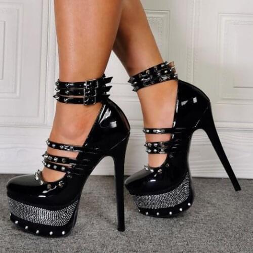 Punk Style Round Toe Black Spikes Rhinestone Platform Pumps Patent Leather Super Stiletto Heel Buckles Rock Club Pumps Woman