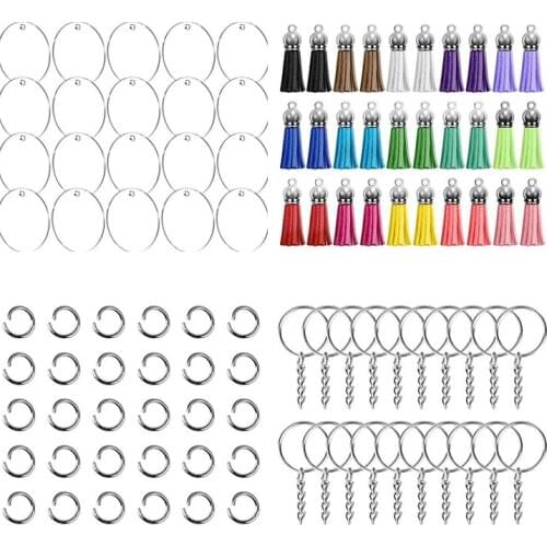 126Pcs Unique Creative DIY Handicraft Acrylic Key Chain Multicolor Tassel Pendant Key Ring Set