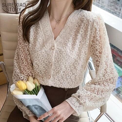 2021 Spring Summer New Elegant Tops Lace Shirt Women Korean Style V-Neck Lantern Sleeve Embroidered Mesh Blouse Plus Size 13967