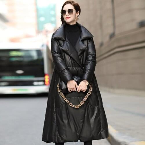 Genuine Leather Jacket Women Long Sheepskin Coat Warm 90% White Duck Down Jackets Female Winter Parkas 2021 Femme Veste Pph2079