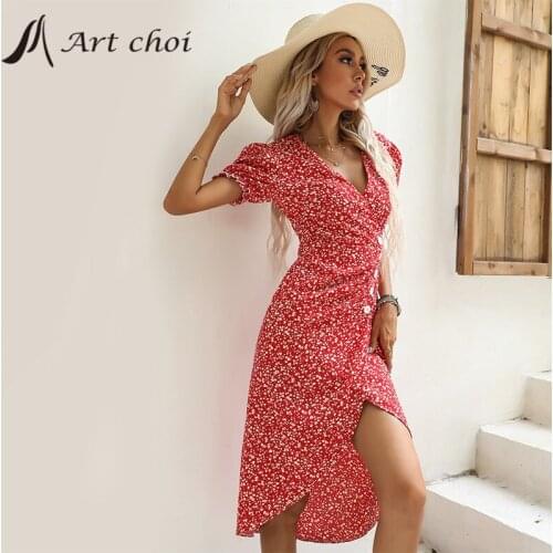 2021 Elegant Women Floral Dress Summer Ruffles Skirt V Neck Bodycon Shirring Buttons Bodycon Ladies Party Irregular Vestido
