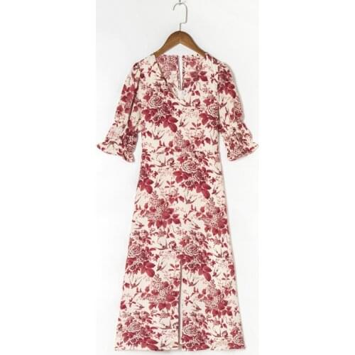Summer womens casual flower print V-neck short-sleeved slit slim dress